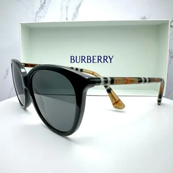 New Burberry Sunglasses Black Front Round Pantos Frame Checkered Arms Gray Lens - Picture 8 of 16